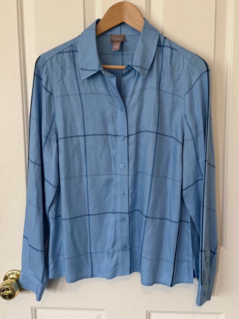 Chico's Light Blue Windowpane Button-Down Shirt